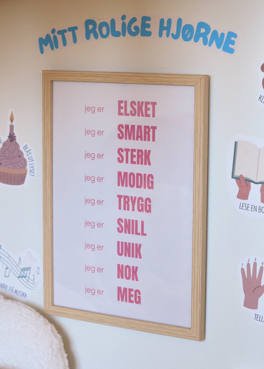 “Jeg er”-plakat med 9 affirmasjoner - Rosa - Print ut selv