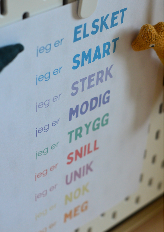 “Jeg er”-plakat med 9 affirmasjoner - Farger - Print ut selv