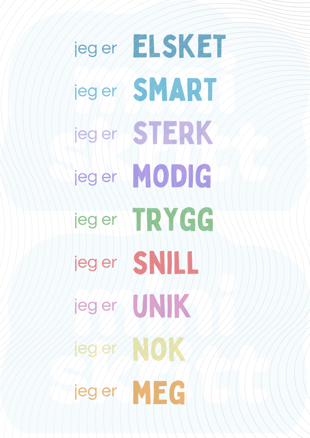 “Jeg er”-plakat med 9 affirmasjoner - Farger - Print ut selv