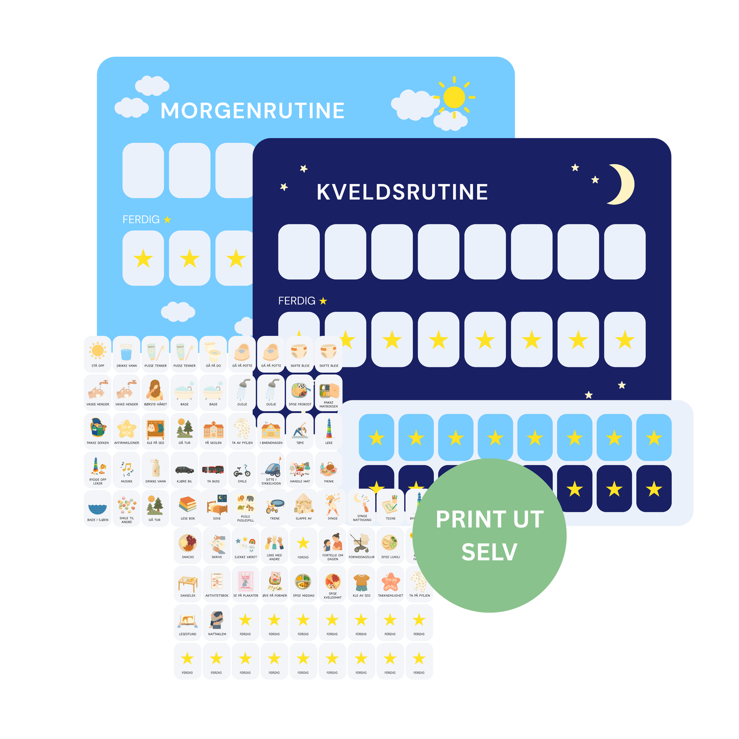 Morgen- og kveldsrutine – Komplett visuell rutine med stjerner (70+ ikoner, print ut selv)