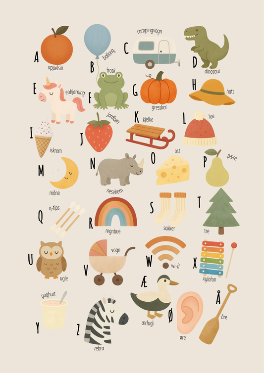 Alfabetplakat A–Å med illustrasjoner - Beige - Print ut selv