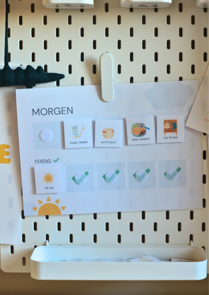 Dagen min – Komplett visuell rutine med sjekkmerker (70+ ikoner, print ut selv)