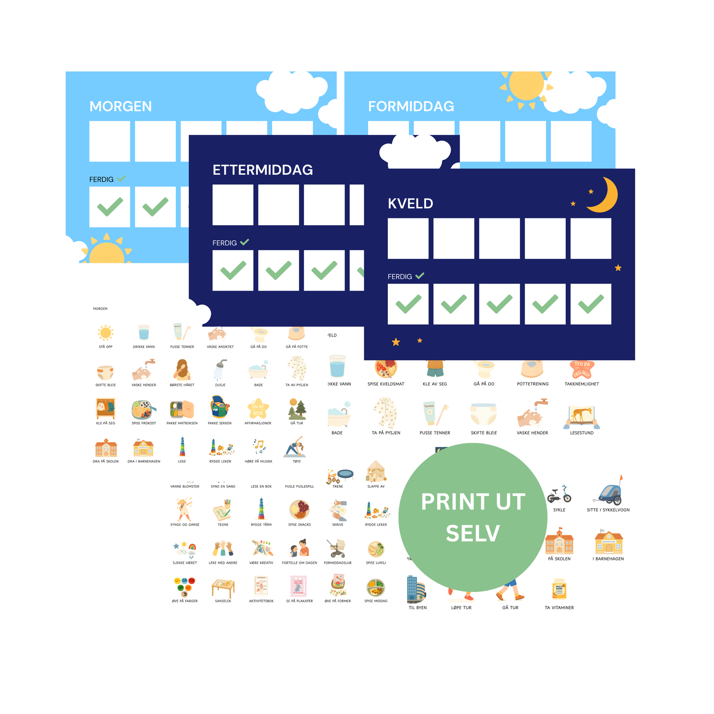 Dagen min – Komplett visuell rutine med sjekkmerker (70+ ikoner, print ut selv)