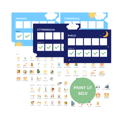 Dagen min – Komplett visuell rutine med sjekkmerker (70+ ikoner, print ut selv)