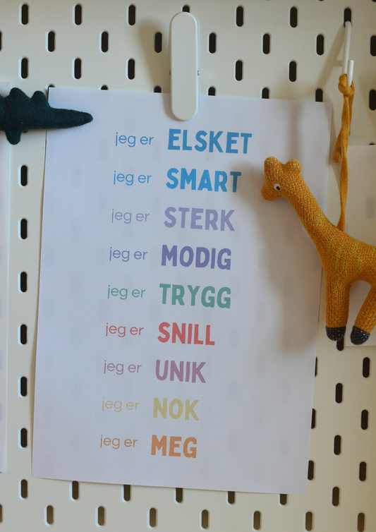 “Jeg er”-plakat med 9 affirmasjoner - Farger - Print ut selv