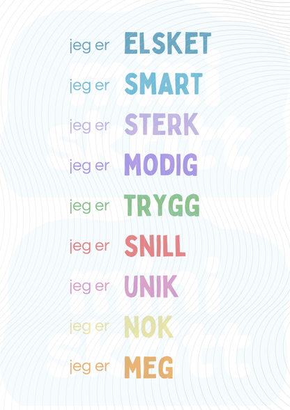 “Jeg er”-plakat med 9 affirmasjoner - Farger - Print ut selv