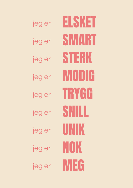 “Jeg er”-plakat med 9 affirmasjoner - Rosa - Print ut selv