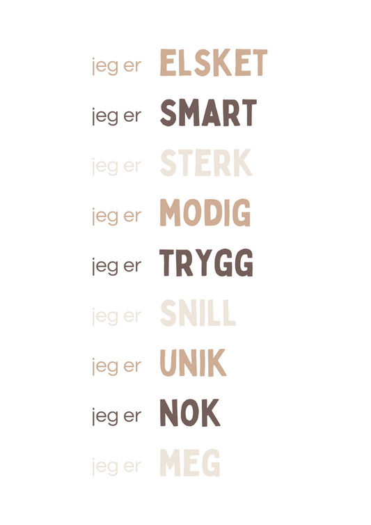 “Jeg er”-plakat med 9 affirmasjoner - Nøytral - Print ut selv