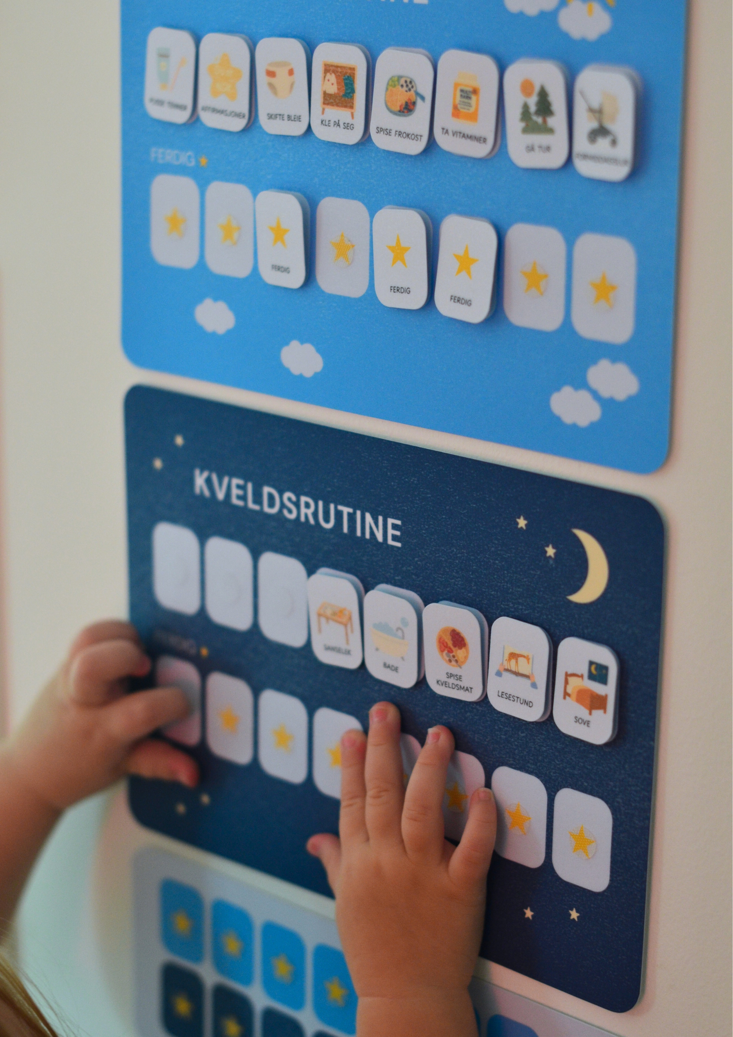 Morgen- og kveldsrutine – Komplett visuell rutine med stjerner (70+ ikoner, print ut selv)