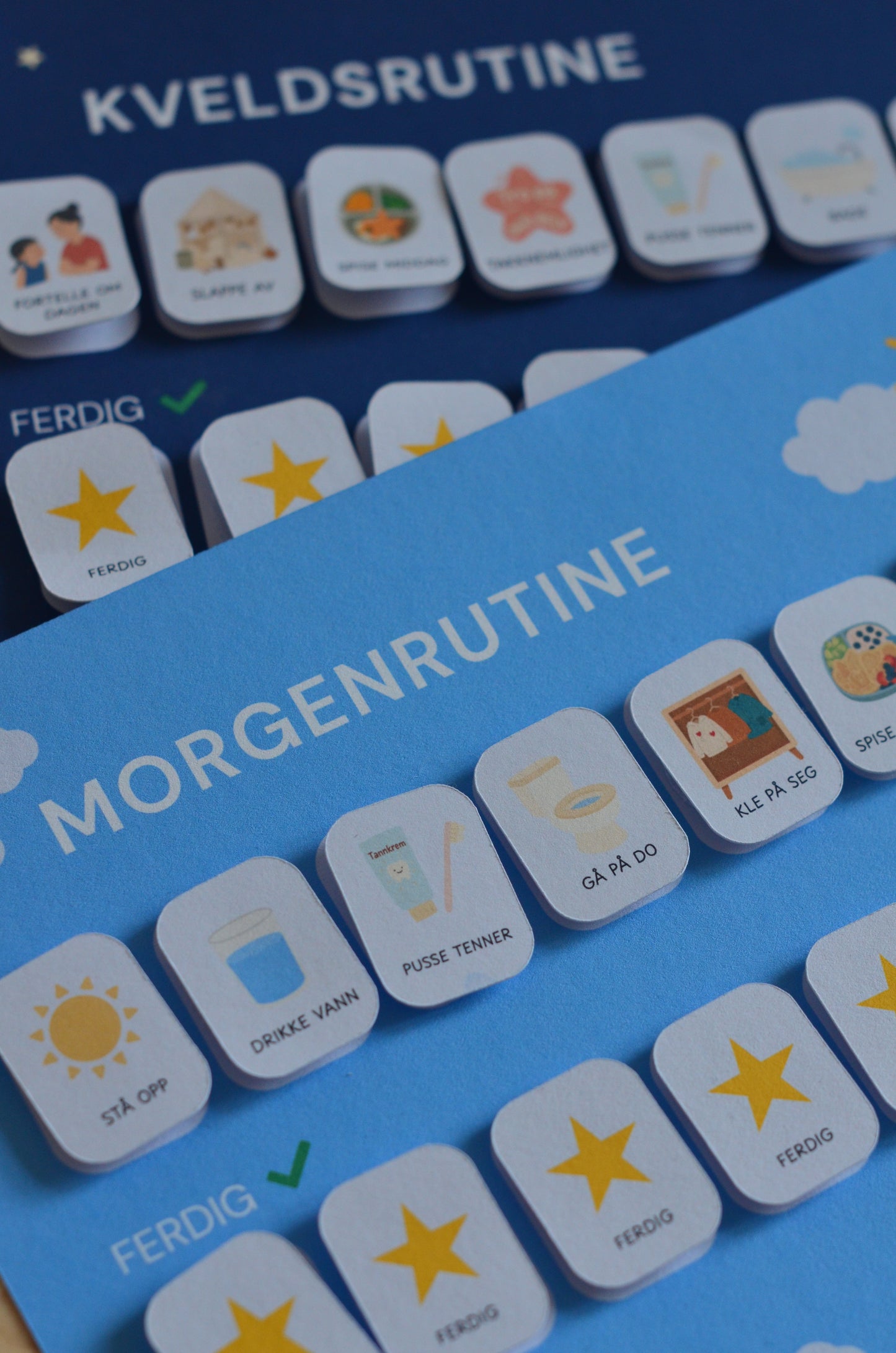 Morgen- og kveldsrutine – Komplett visuell rutine med stjerner (70+ ikoner, print ut selv)