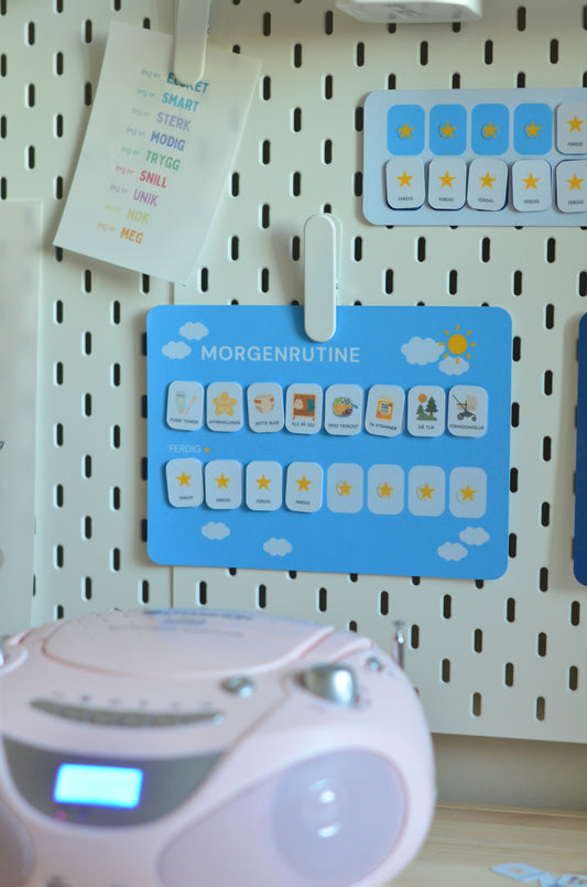 Morgen- og kveldsrutine – Komplett visuell rutine med stjerner (70+ ikoner, print ut selv)