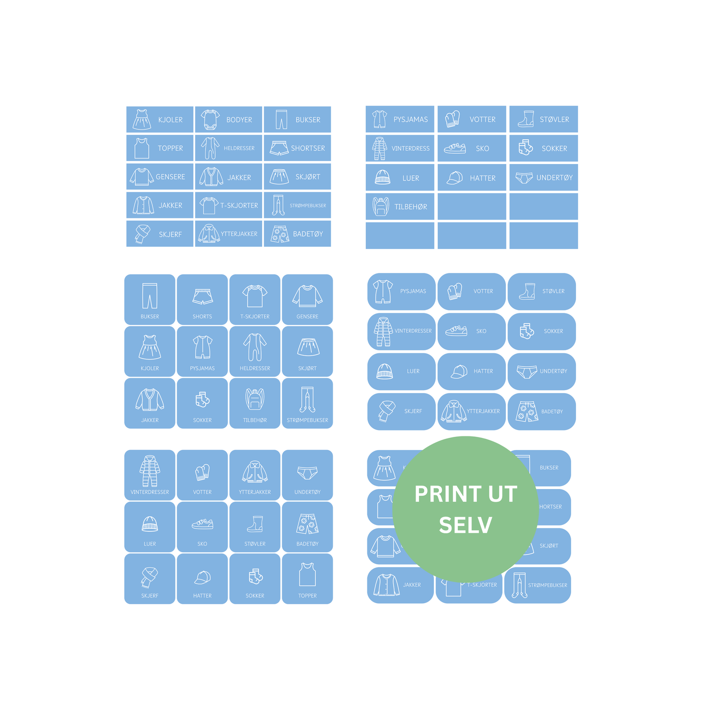 Organiseringslapper for klær - Blå – Print ut selv